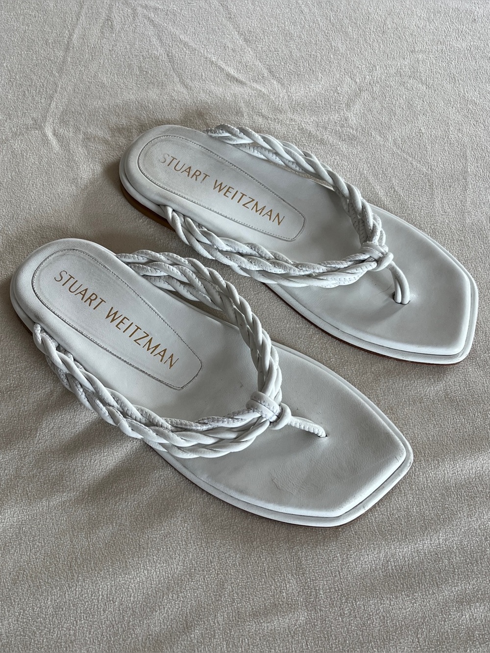 Stuart Weitzman Calypso White Braided Leather Thong Sandals Size 8.5